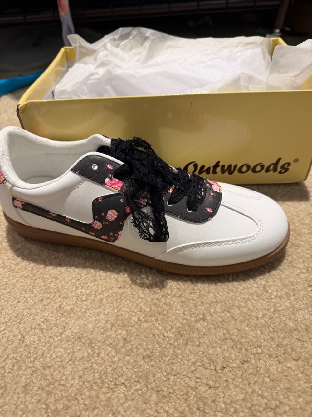 Outwoods White Sneakers with Black Floral Accents